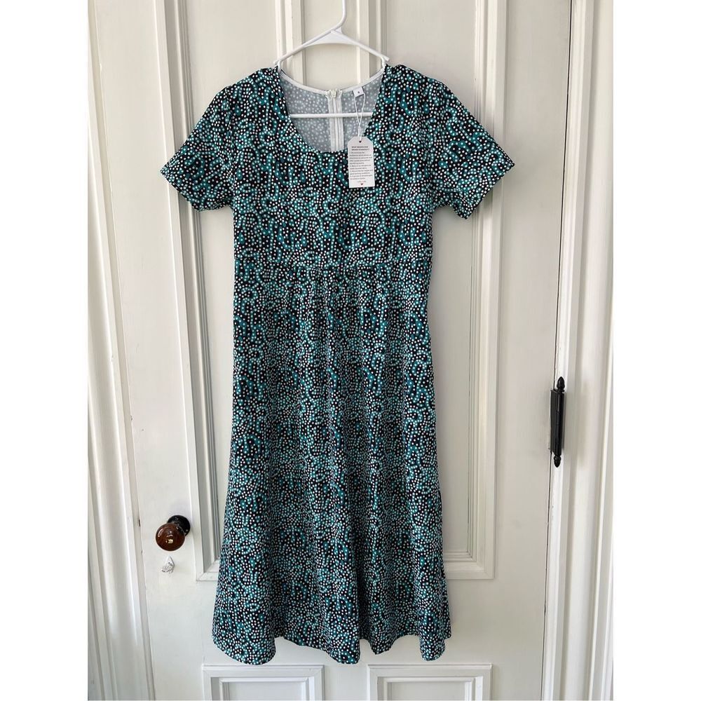NWT teal dark brown and white shirt sleeve pattern and polka dotted dress S